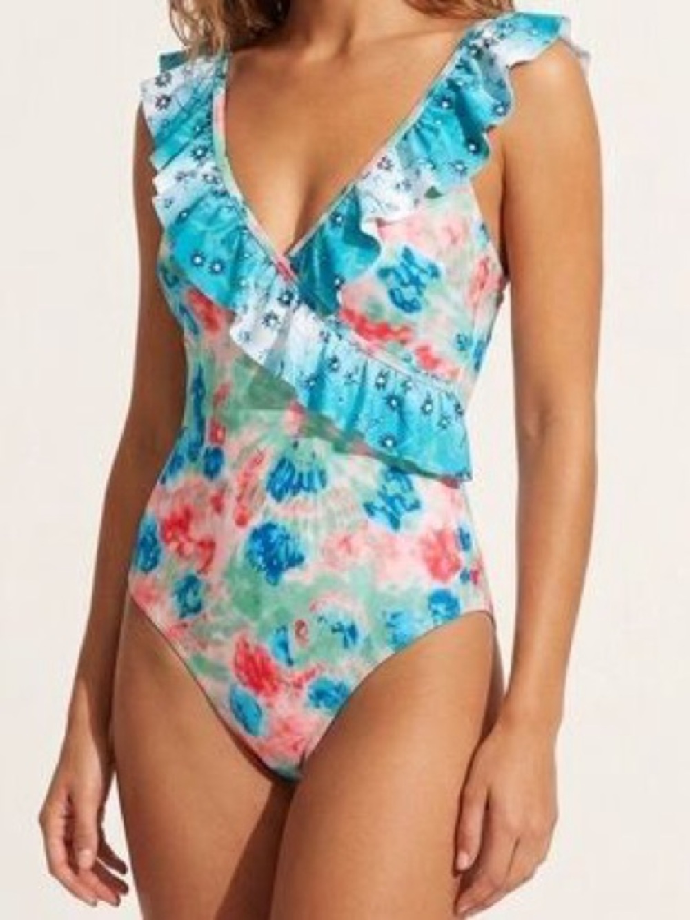 Aerie Real Good Daisy Ruffle V-Neck One-Piece Swimsuit Multicolor - Size Medium